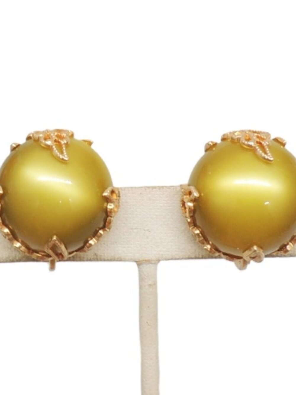 Vintage 1950s Signed Napier Cabochon Olive Moonglow Clip Earrings